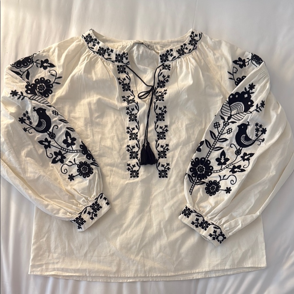 Embroidered White and Black Women's Top